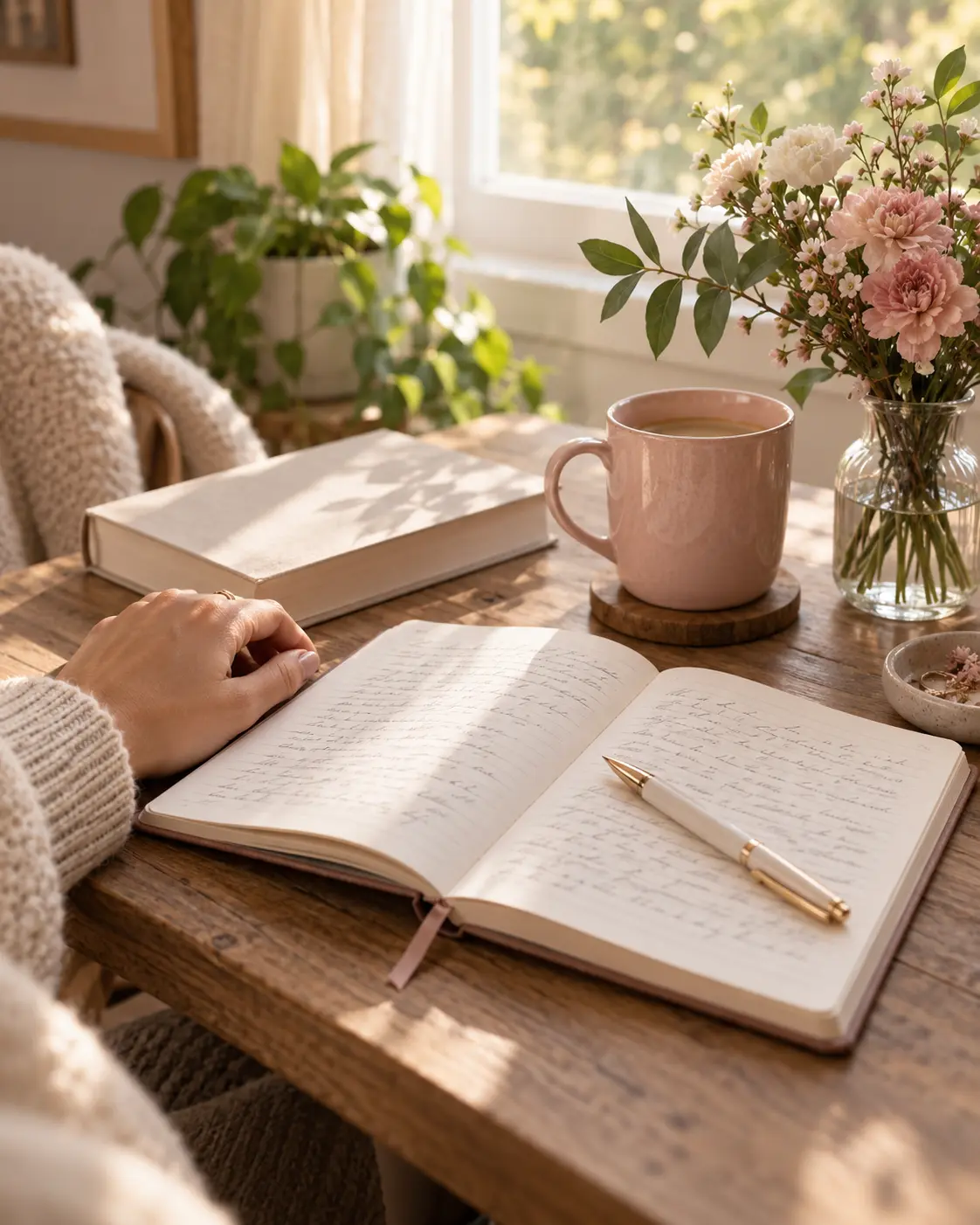Un momento de reflexión con un diario, flores y una taza junto a la ventana